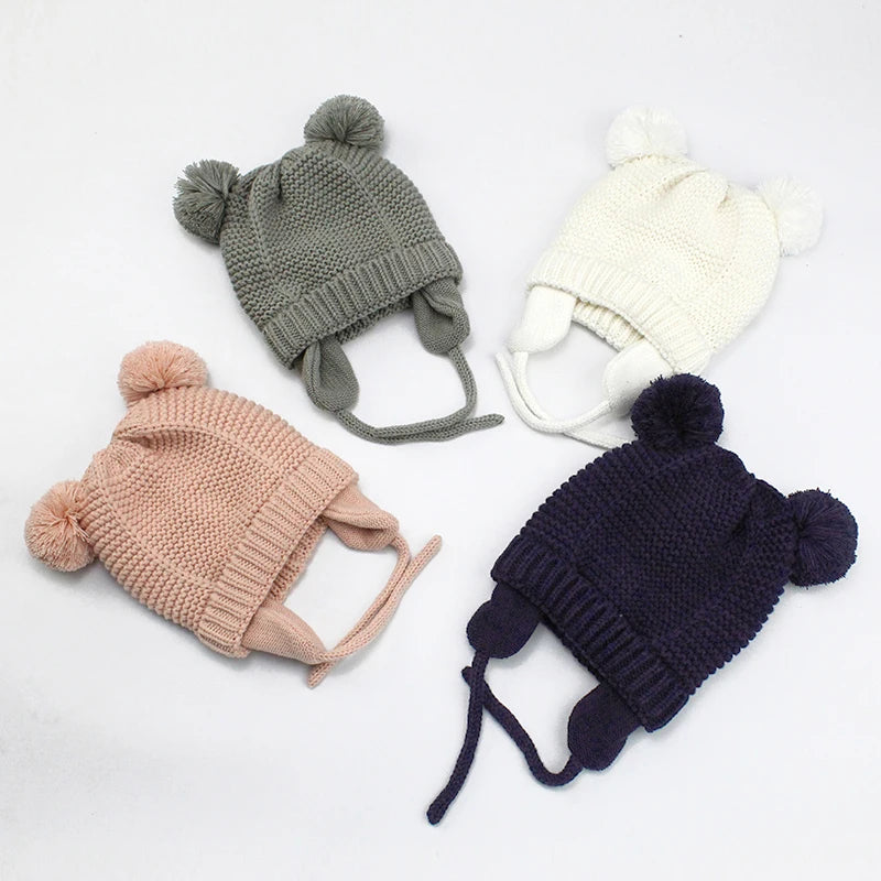 Varm stickad vintermössa med fleece & vantar för baby