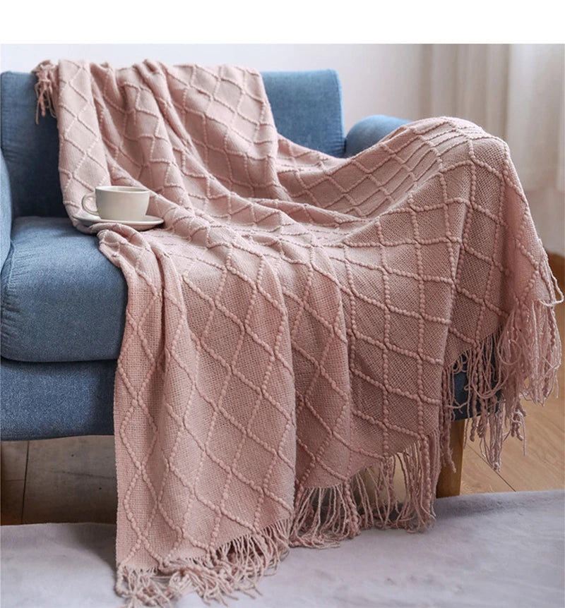 Oversized pläd med tofsar, stickad filt / sängöverkast / soffpläd