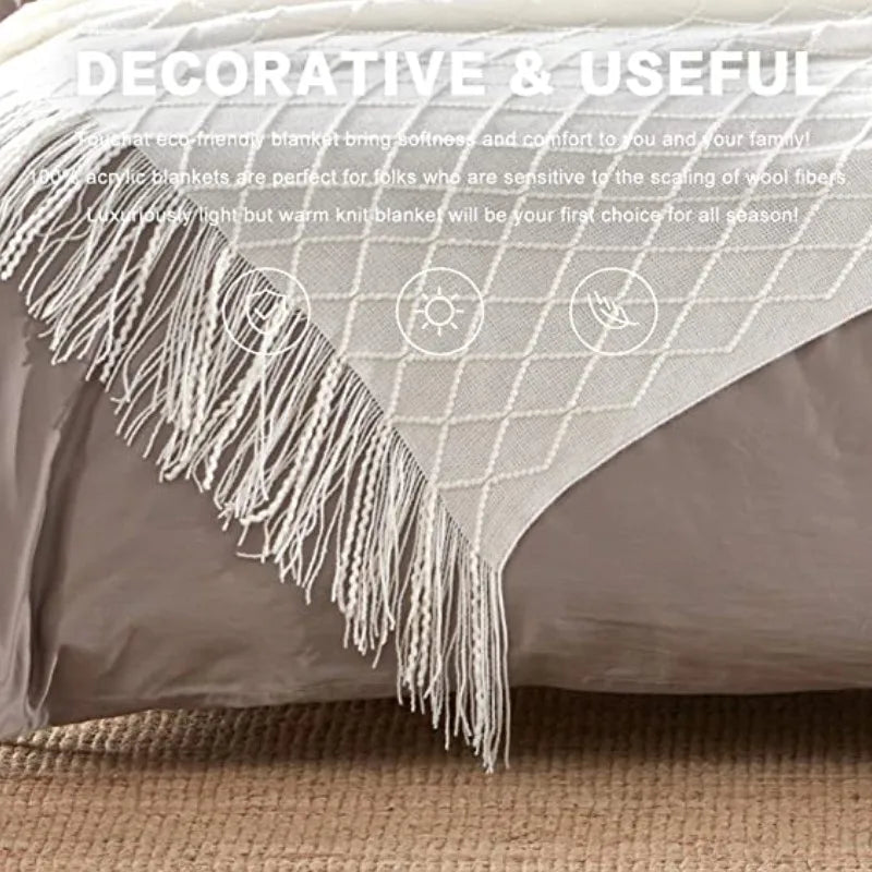 Oversized pläd med tofsar, stickad filt / sängöverkast / soffpläd