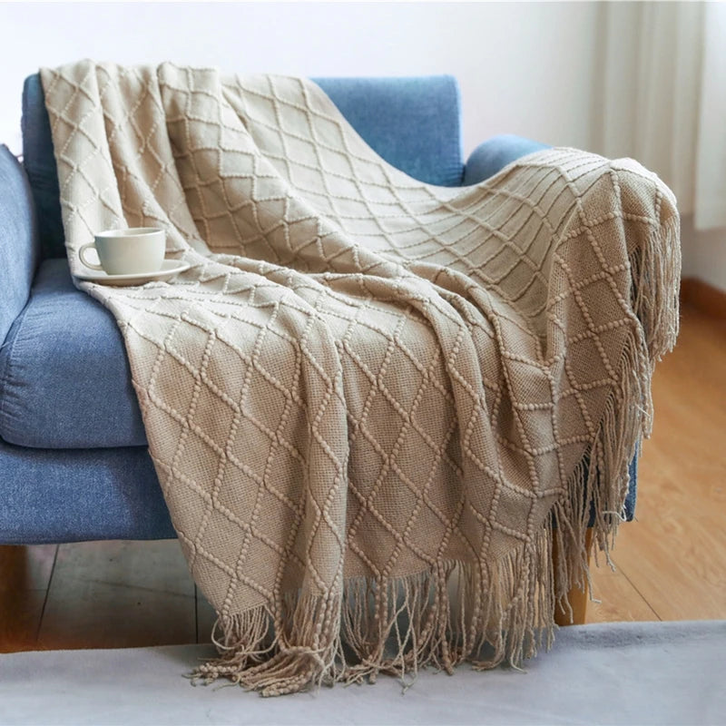 Oversized pläd med tofsar, stickad filt / sängöverkast / soffpläd