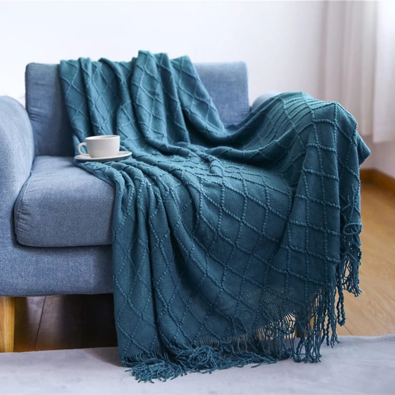 Oversized pläd med tofsar, stickad filt / sängöverkast / soffpläd