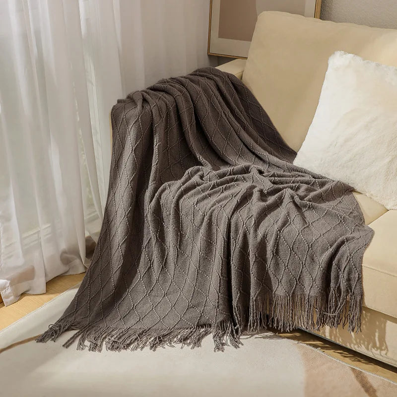 Oversized pläd med tofsar, stickad filt / sängöverkast / soffpläd