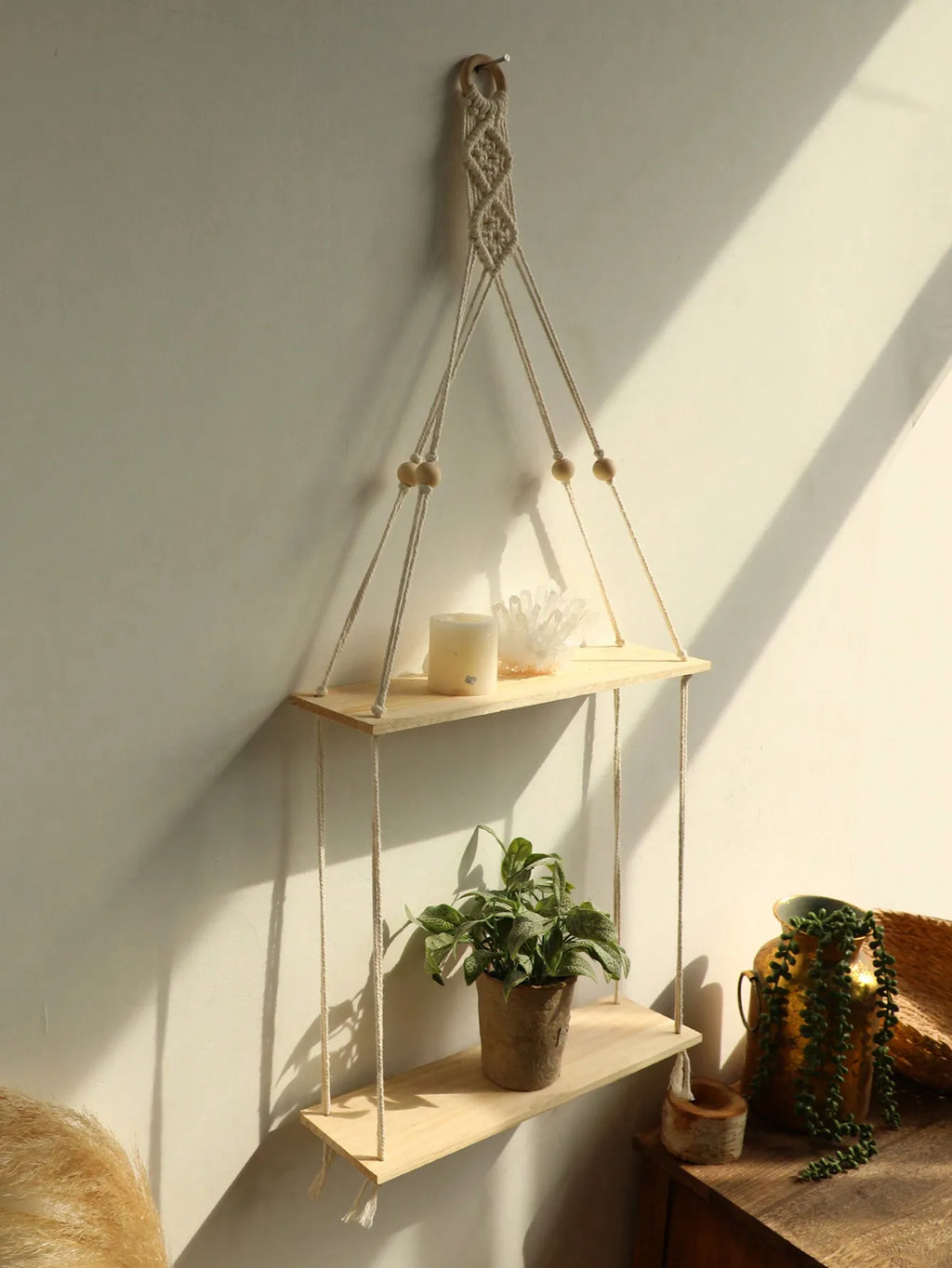 Handmade macramé wall shelf