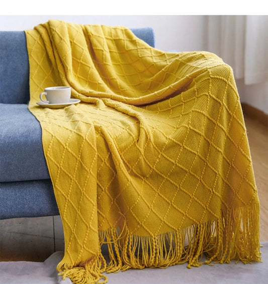 Oversized pläd med tofsar, stickad filt / sängöverkast / soffpläd