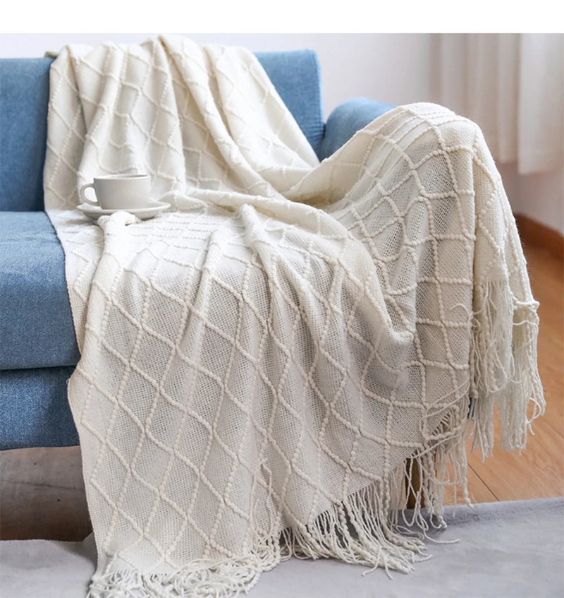 Oversized pläd med tofsar, stickad filt / sängöverkast / soffpläd
