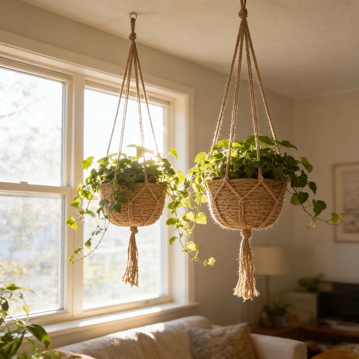 Hängande planteringskorg i rotting