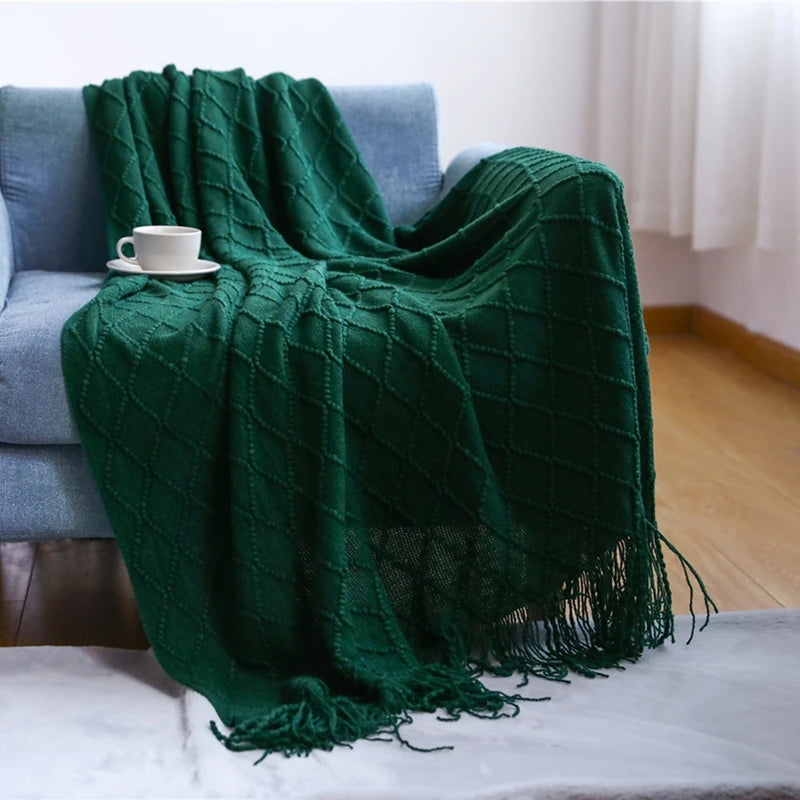 Oversized pläd med tofsar, stickad filt / sängöverkast / soffpläd