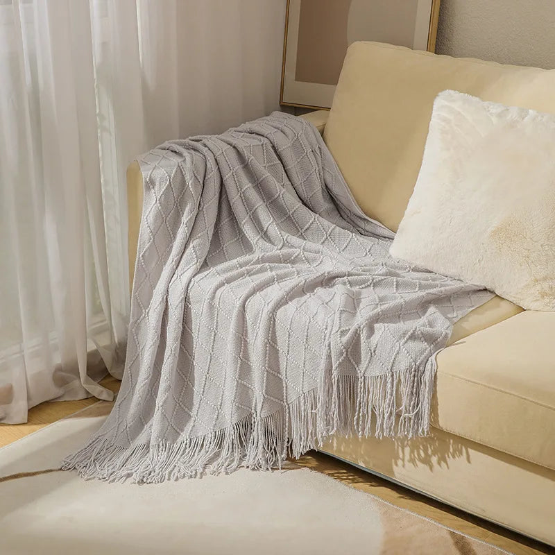 Oversized pläd med tofsar, stickad filt / sängöverkast / soffpläd