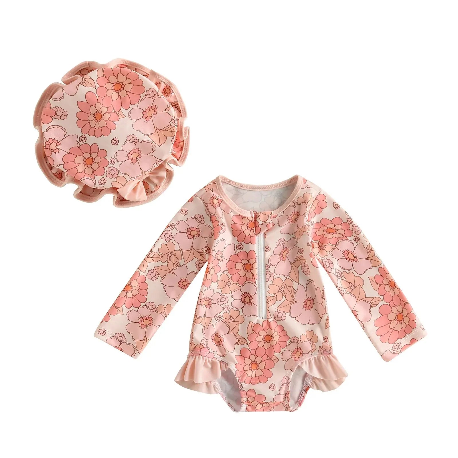 Långärmad baddräkt med dragkedja & badmössa