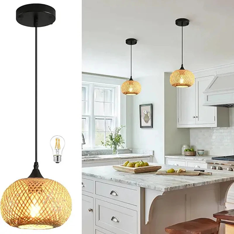 Handgjord taklampa i bambu & rotting