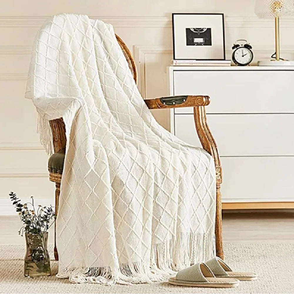 Oversized pläd med tofsar, stickad filt / sängöverkast / soffpläd