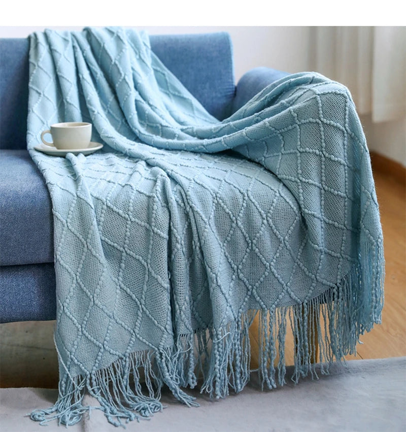 Oversized pläd med tofsar, stickad filt / sängöverkast / soffpläd