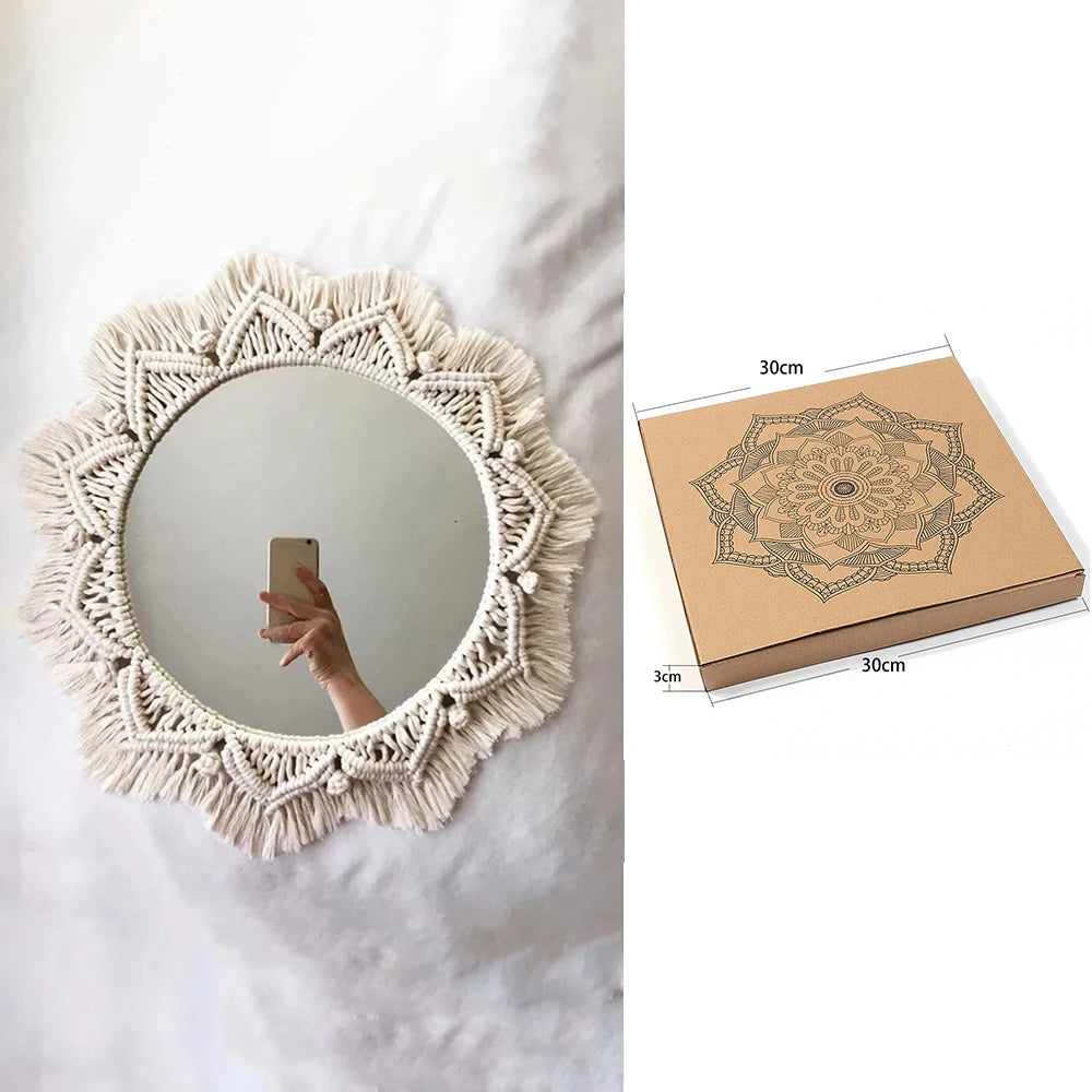 Boho makramé rund spegel – Handgjord väggdekoration